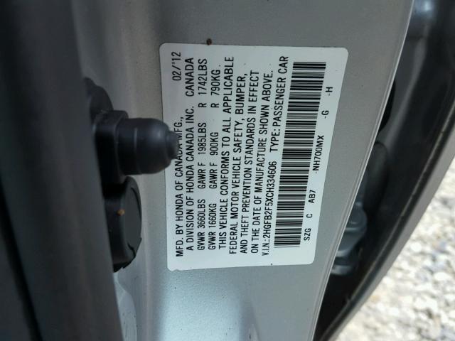 2HGFB2F5XCH334606 - 2012 HONDA CIVIC LX GRAY photo 10