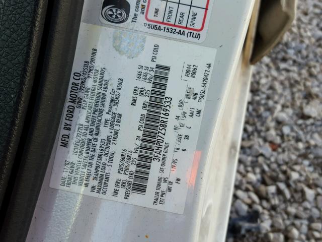 3FAHP07Z58R169533 - 2008 FORD FUSION SE WHITE photo 10