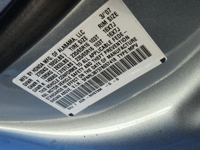 5FNRL38737B057418 - 2007 HONDA ODYSSEY EX SILVER photo 10