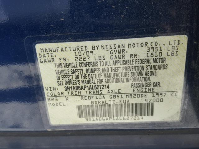 3N1AB6AP1AL627214 - 2010 NISSAN SENTRA 2.0 BLUE photo 10