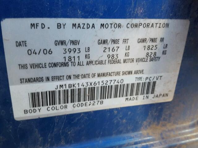 JM1BK143X61527740 - 2006 MAZDA 3 HATCHBAC BLUE photo 10