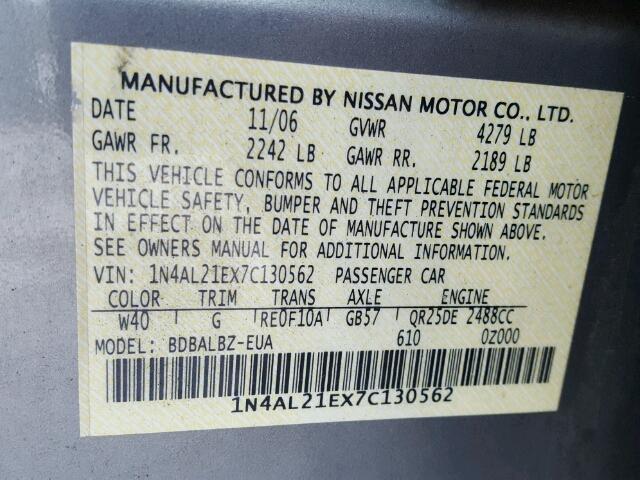 1N4AL21EX7C130562 - 2007 NISSAN ALTIMA 2.5 SILVER photo 10