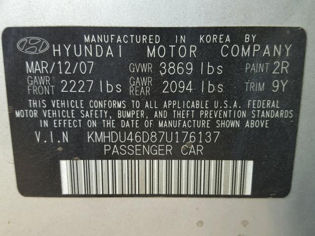 KMHDU46D87U176137 - 2007 HYUNDAI ELANTRA GL GRAY photo 10