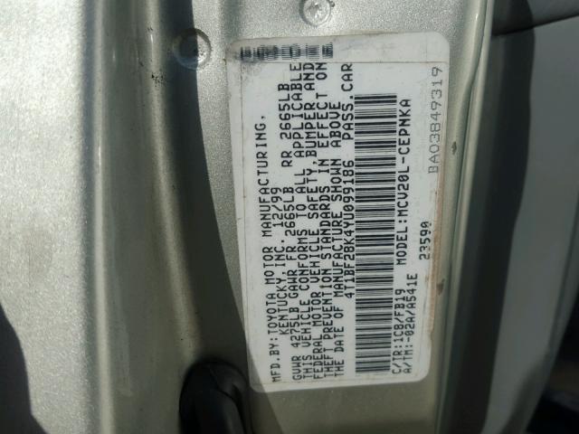 4T1BF28K4YU099186 - 2000 TOYOTA CAMRY LE SILVER photo 10