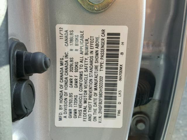 2HGFB2F98DH503302 - 2013 HONDA CIVIC EXL 银色 照片 10