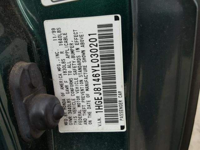 1HGEJ8146YL030201 - 2000 HONDA CIVIC EX GREEN photo 10