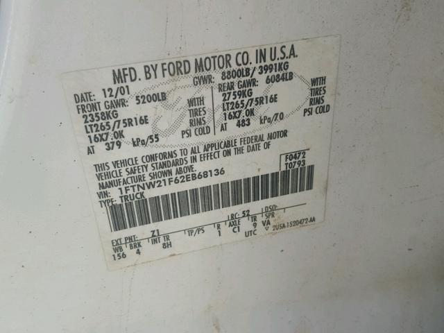 1FTNW21F62EB68136 - 2002 FORD F250 SUPER WHITE photo 10