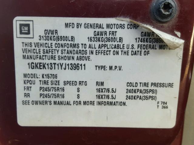 1GKEK13T1YJ139611 - 2000 GMC YUKON BURGUNDY photo 10