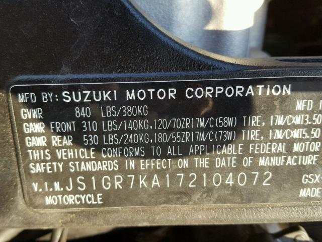 JS1GR7KA172104072 - 2007 SUZUKI GSX-R750 BLUE photo 10