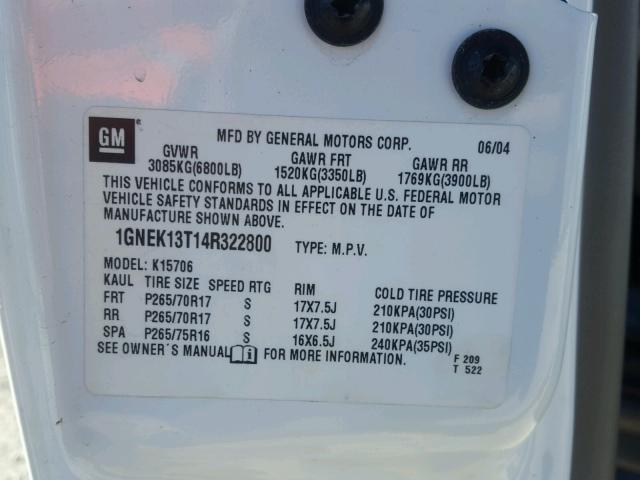 1GNEK13T14R322800 - 2004 CHEVROLET TAHOE K150 WHITE photo 10