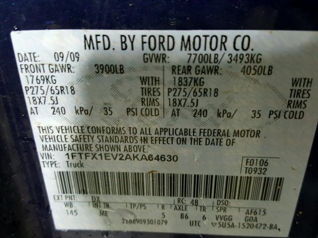 1FTFX1EV2AKA64630 - 2010 FORD F150 SUPER BLUE photo 10