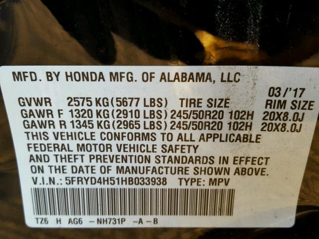 5FRYD4H51HB033938 - 2017 ACURA MDX TECHNO BLACK photo 10