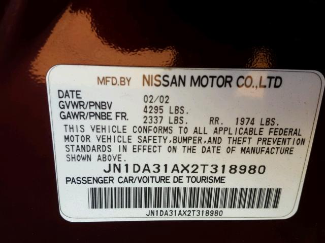 JN1DA31AX2T318980 - 2002 NISSAN MAXIMA GLE BURGUNDY photo 10