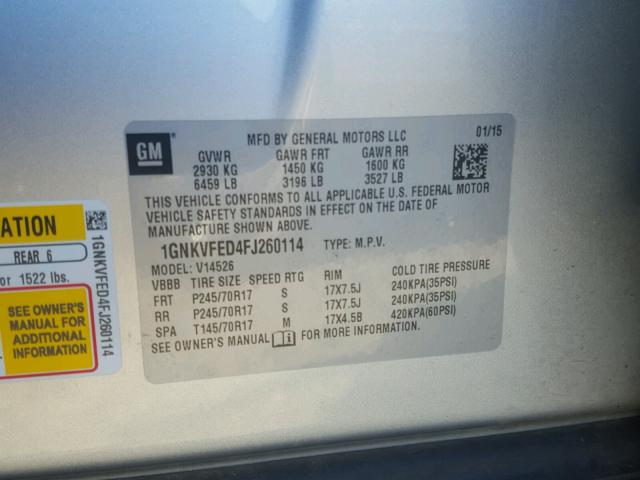 1GNKVFED4FJ260114 - 2015 CHEVROLET TRAVERSE L SILVER photo 10