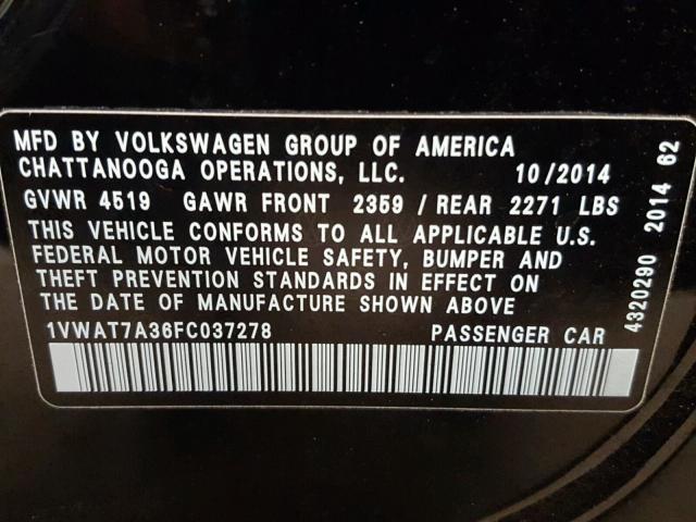 1VWAT7A36FC037278 - 2015 VOLKSWAGEN PASSAT S შავი ფოტო 10