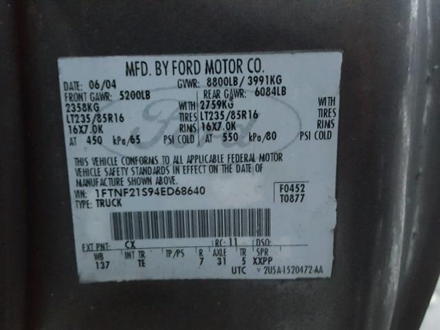 1FTNF21S94ED68640 - 2004 FORD F250 SUPER GRAY photo 10