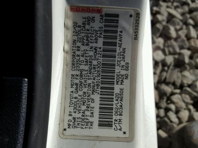 JTHBD192630071214 - 2003 LEXUS IS 300 WHITE photo 10