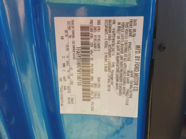 1FAFP31N97W158710 - 2007 FORD FOCUS ZX3 BLUE photo 10