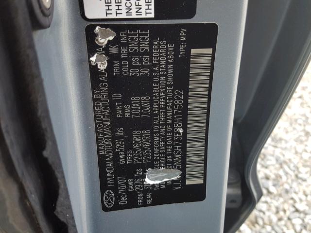 5NMSH73E88H175822 - 2008 HYUNDAI SANTA FE S GRAY photo 10