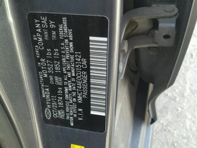 KMHCT4AE0CU151421 - 2012 HYUNDAI ACCENT GLS GRAY photo 10