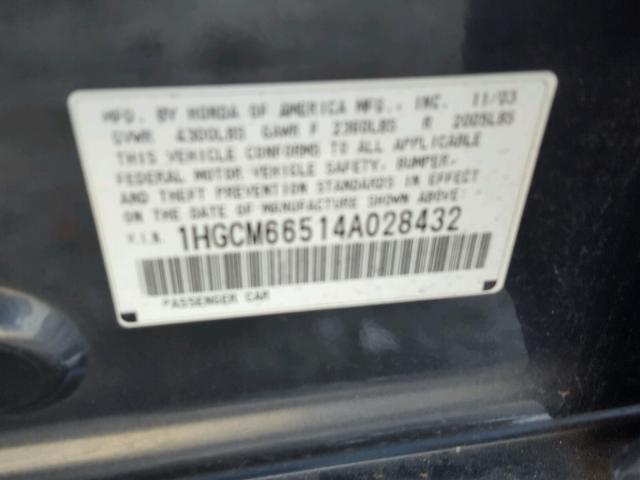 1HGCM66514A028432 - 2004 HONDA ACCORD EX BLUE photo 10