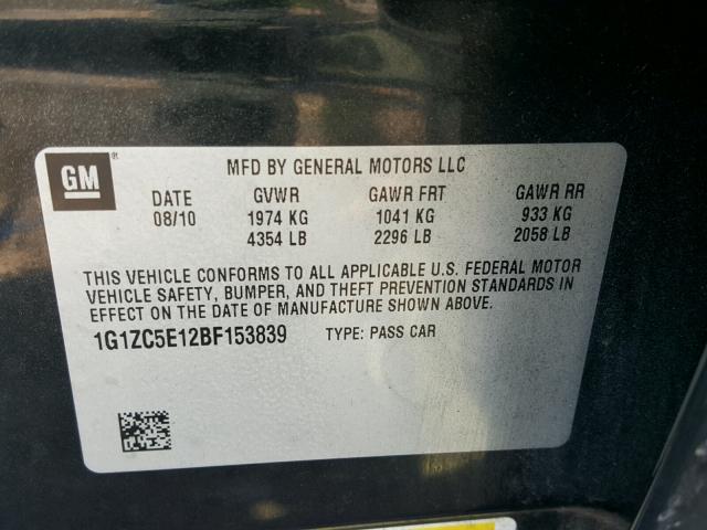 1G1ZC5E12BF153839 - 2011 CHEVROLET MALIBU 1LT BLACK photo 10