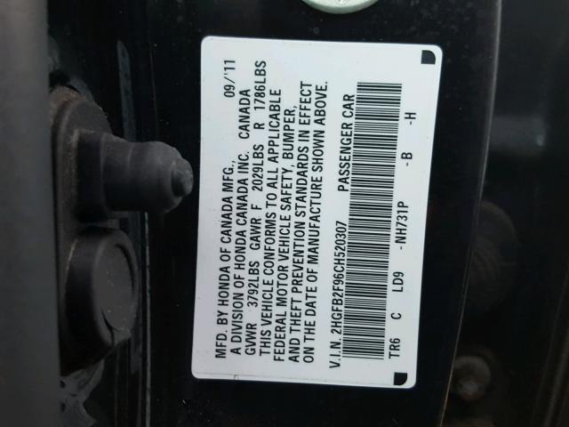 2HGFB2F96CH520307 - 2012 HONDA CIVIC EXL 黑色 照片 10