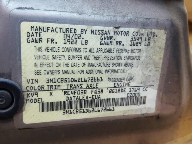 3N1CB51D62L672661 - 2002 NISSAN SENTRA XE SILVER photo 10