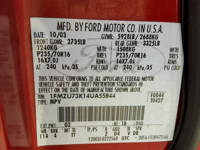 1FMZU73K14UA55844 - 2004 FORD EXPLORER X RED photo 10