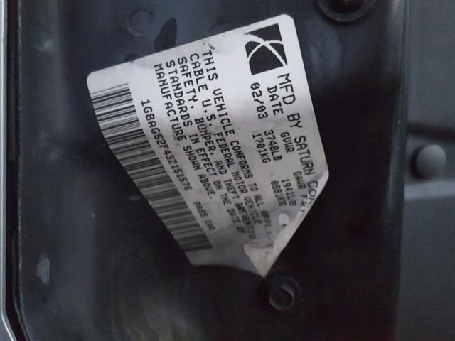1G8AG52F43Z151576 - 2003 SATURN ION LEVEL SILVER photo 10
