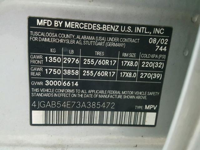 4JGAB54E73A385472 - 2003 MERCEDES-BENZ ML 320 GRAY photo 10