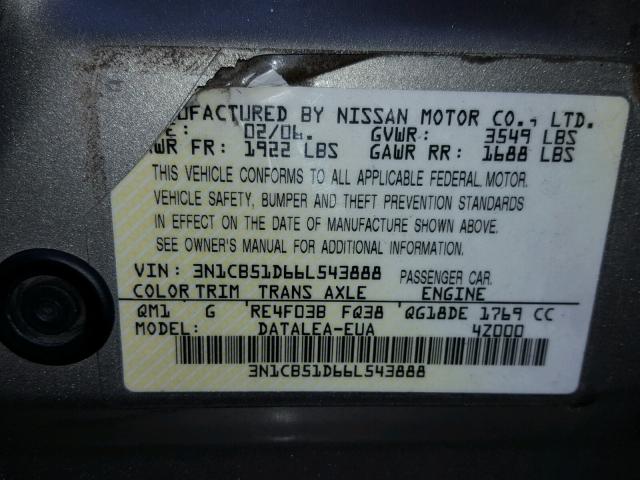 3N1CB51D66L543888 - 2006 NISSAN SENTRA 1.8 GOLD photo 10