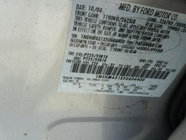 1MEHM431X5G604400 - 2005 MERCURY MONTEGO PR 银色 照片 10