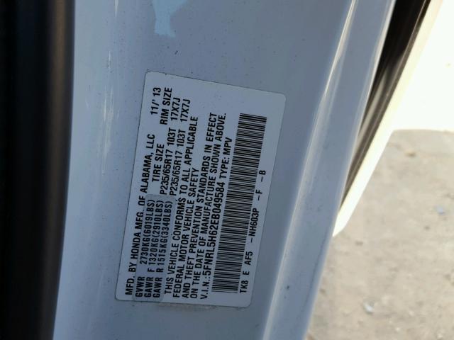 5FNRL5H62EB049584 - 2014 HONDA ODYSSEY EX WHITE photo 10