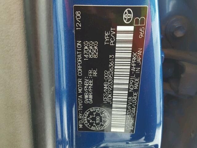 JTDKT923395263613 - 2009 TOYOTA YARIS BLUE photo 10