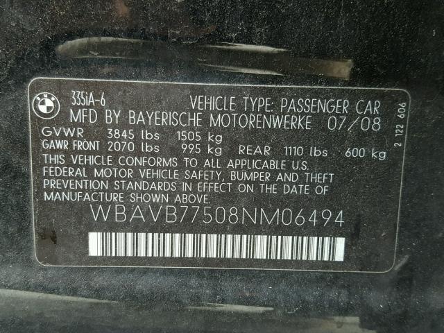 WBAVB77508NM06494 - 2008 BMW 335 I BLACK photo 10