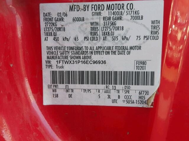 1FTWX31P16EC96936 - 2006 FORD F350 SRW S RED photo 10