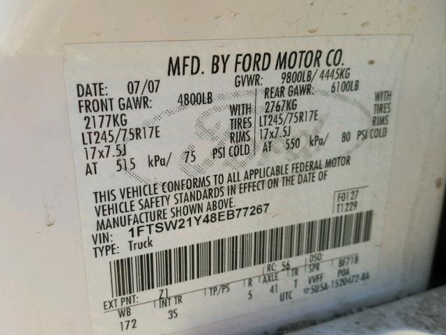 1FTSW21Y48EB77267 - 2008 FORD F250 SUPER WHITE photo 10