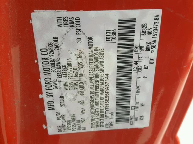 1FTYR15E56PA37144 - 2006 FORD RANGER SUP RED photo 10