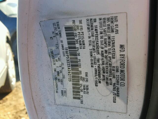 1FAFP53225A262125 - 2005 FORD TAURUS SE WHITE photo 10