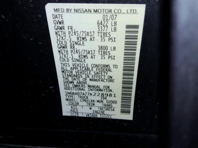 1N6BA07A77N228981 - 2007 NISSAN TITAN XE GRAY photo 10