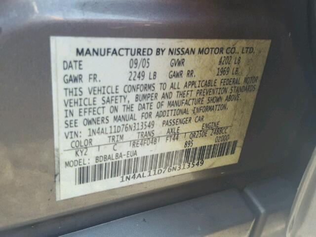 1N4AL11D76N313549 - 2006 NISSAN ALTIMA S TAN photo 10