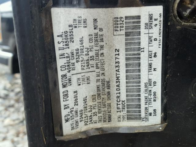 1FTCR10A3MTA33712 - 1991 FORD RANGER BLACK photo 10