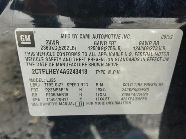 2CTFLHEY4A6243418 - 2010 GMC TERRAIN SL BLACK photo 10