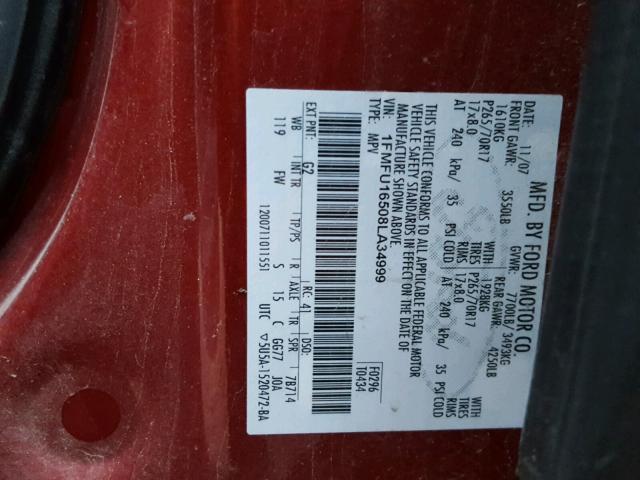 1FMFU16508LA34999 - 2008 FORD EXPEDITION RED photo 10