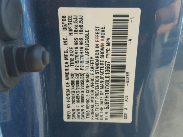 5J6YH187X8L013667 - 2008 HONDA ELEMENT EX BLUE photo 10