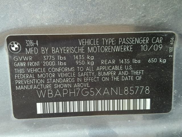 WBAPH7G5XANL85778 - 2010 BMW 328 I GRAY photo 10