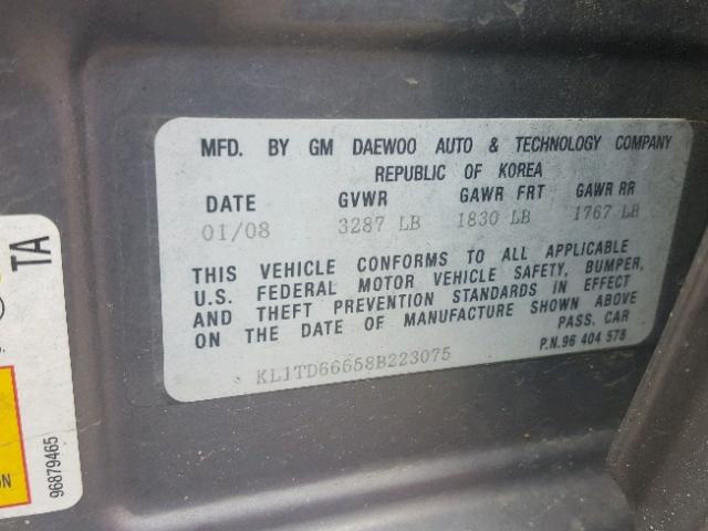 KL1TD66658B223075 - 2008 CHEVROLET AVEO BASE Сұр фото 10