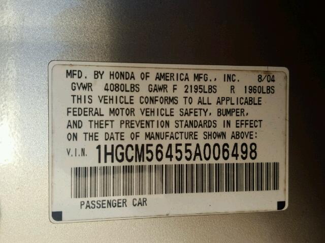 1HGCM56455A006498 - 2005 HONDA ACCORD LX GOLD photo 10