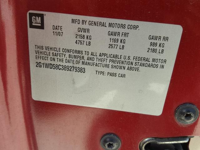 2G1WD58C389279383 - 2008 CHEVROLET IMPALA SUP 红色 照片 10